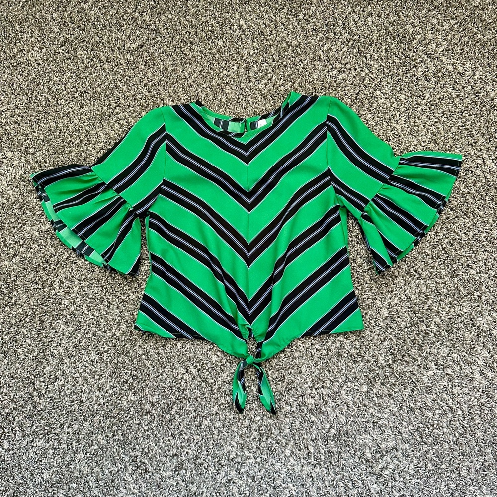 Green Chevron Stripe Tie Front Blouse Women’s Ruffle Bell Sleeve Top